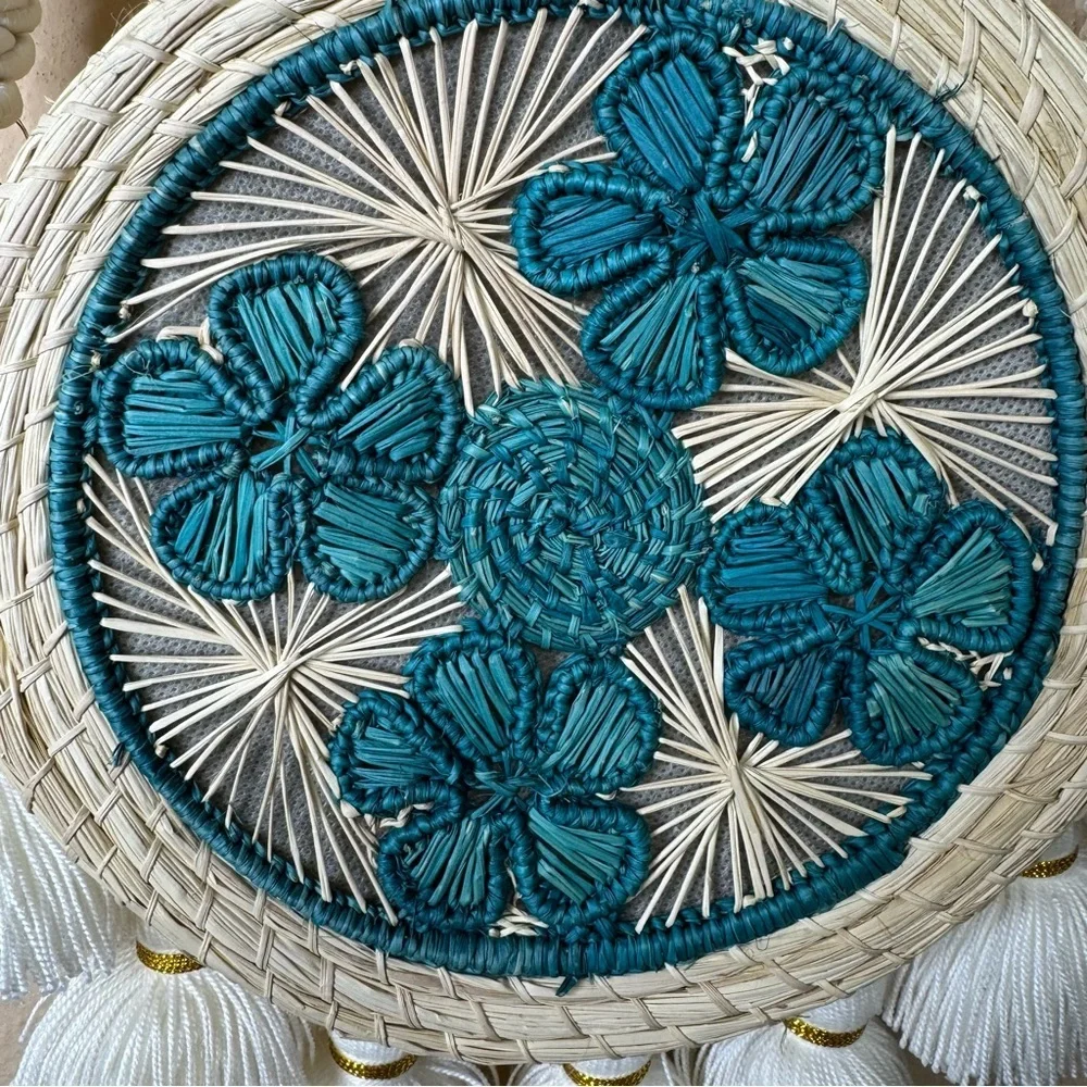 Boho Round Woven Crossbody Bag with Tassels | Teal Embroidery